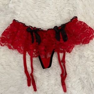 Red lace garter thong w/clips panty